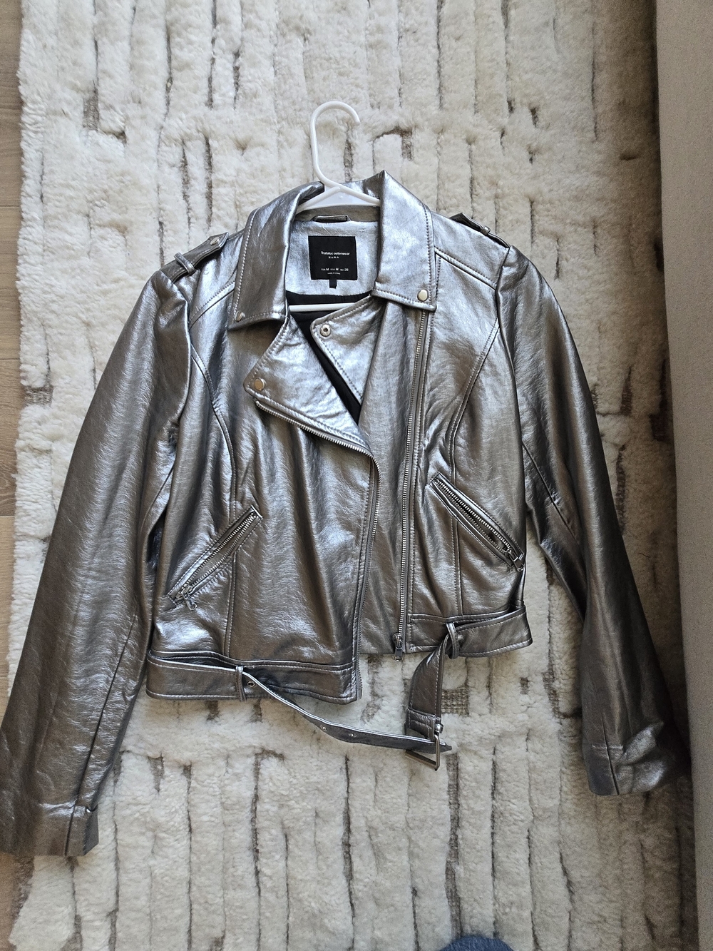Zara Silver Cropped Moto Leather Jacket
